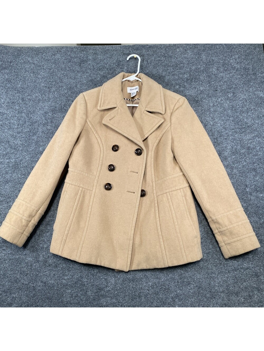 St. John’s Bay Womens Beige Peacoat Size Medium Wool Blend Double Breasted AE